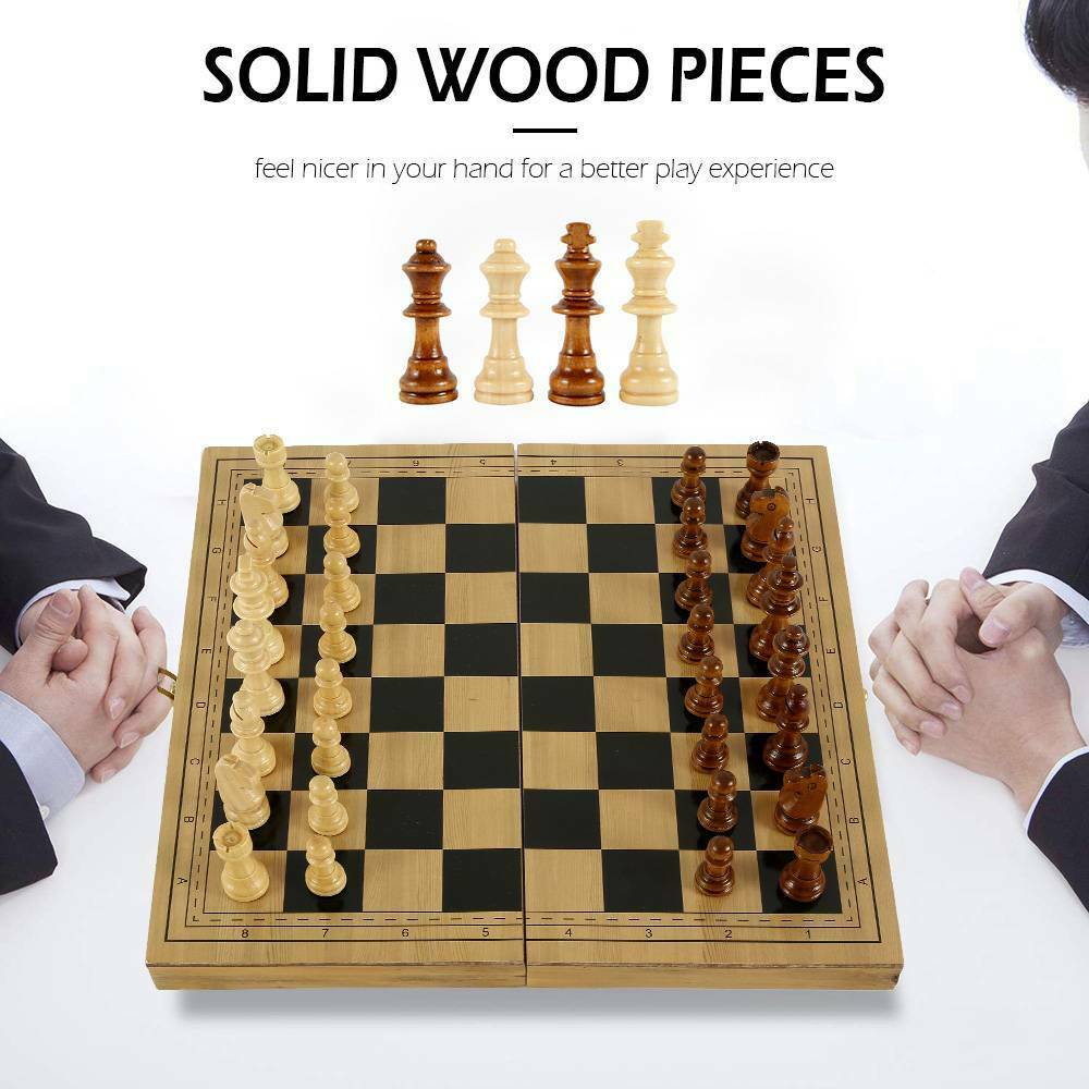 3 IN 1 Wooden Chess Set Folding Chessboard Wood Pieces Draughts Backgammon Toy - Little Kids Business