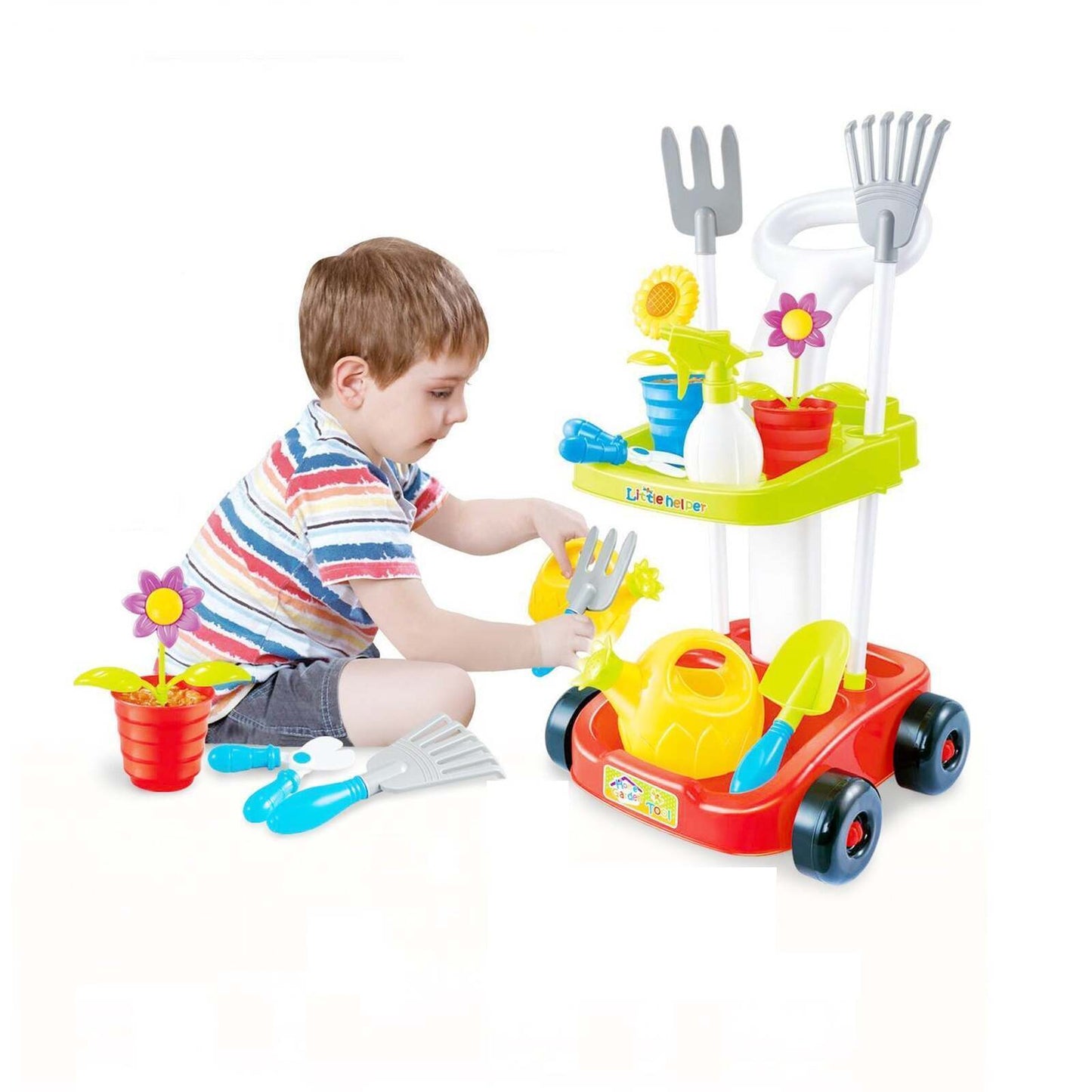 Children's Gardening Trolley Set with Garden Tools & Rake for Toddlers Pretend Play