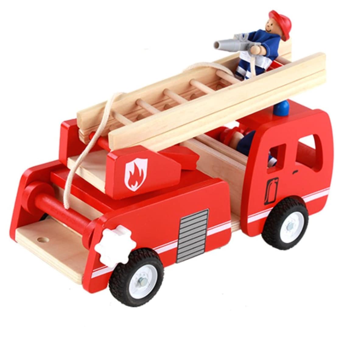 Fire truck wooden toy 3 years + with ladder and firemen Fire engine Red - Little Kids Business