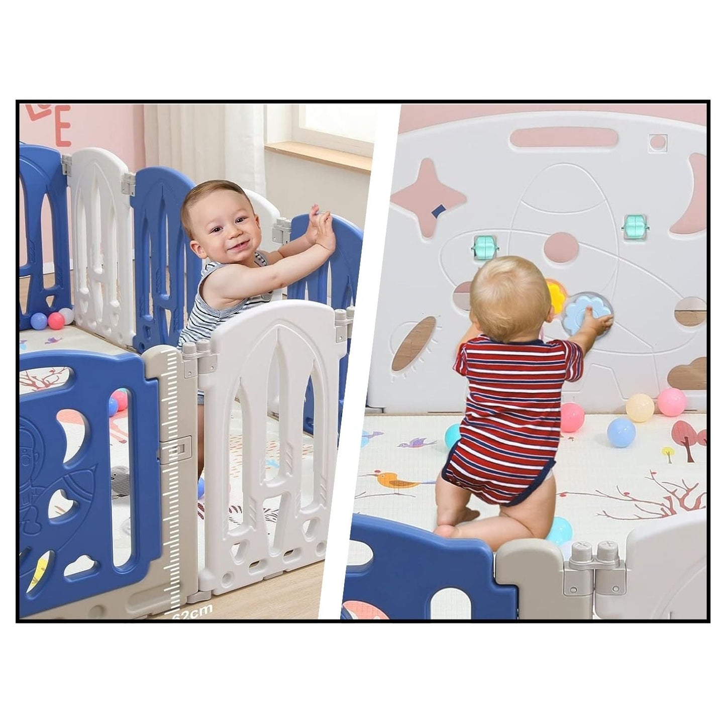 Foldable Baby Playpen Baby gate safety with 16 Panels (White Blue) - Little Kids Business