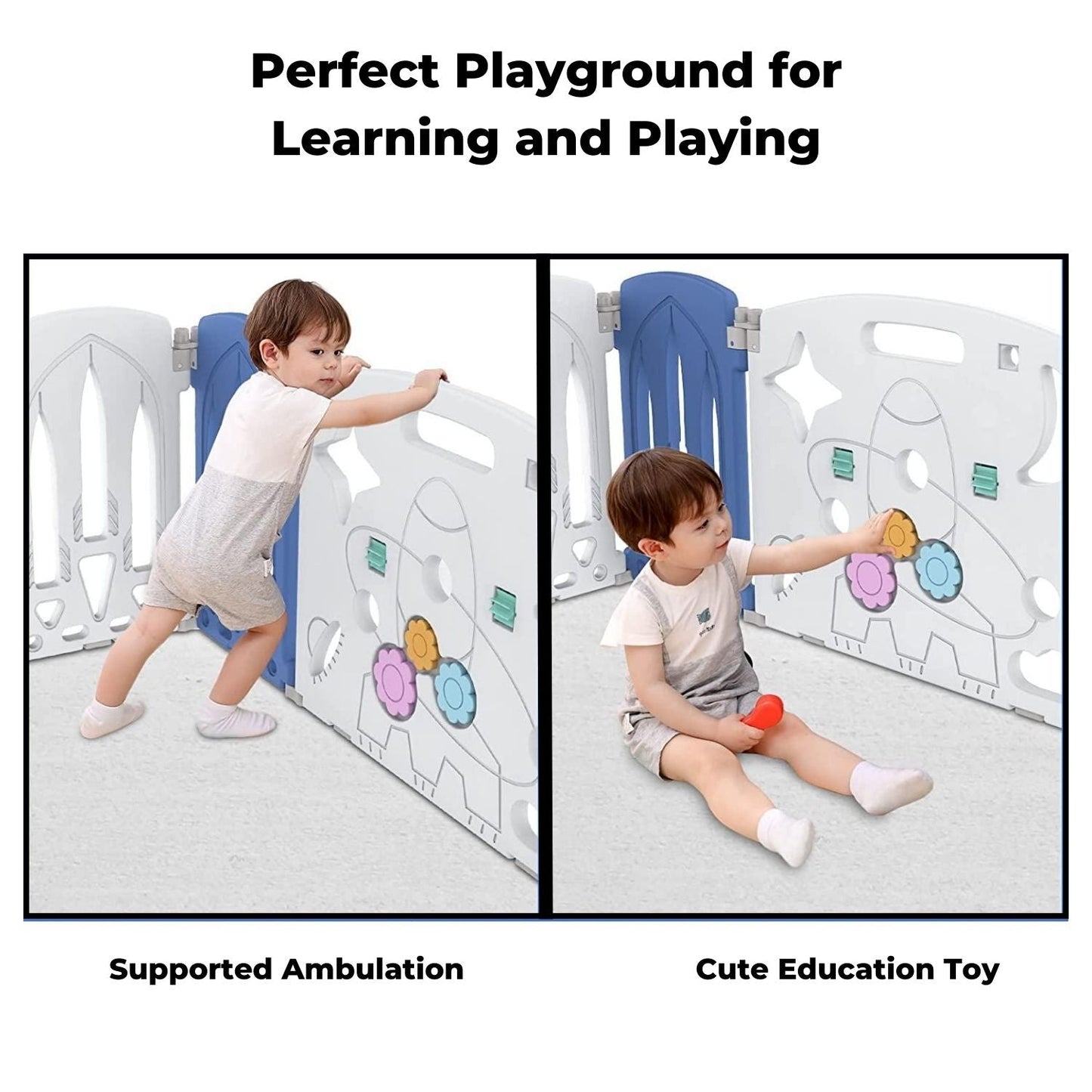 Foldable Baby Playpen Baby gate safety with 16 Panels (White Blue) - Little Kids Business