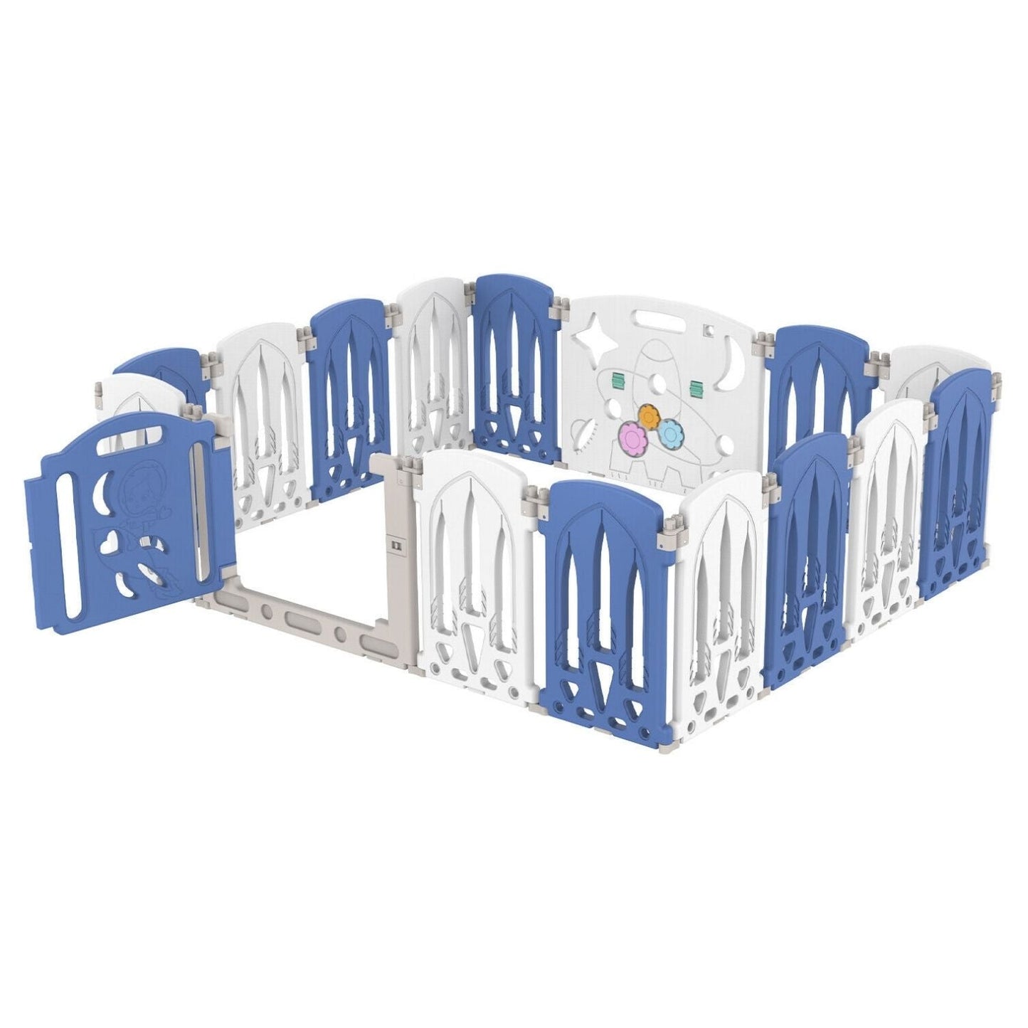 Foldable Baby Playpen Baby gate safety with 16 Panels (White Blue) - Little Kids Business