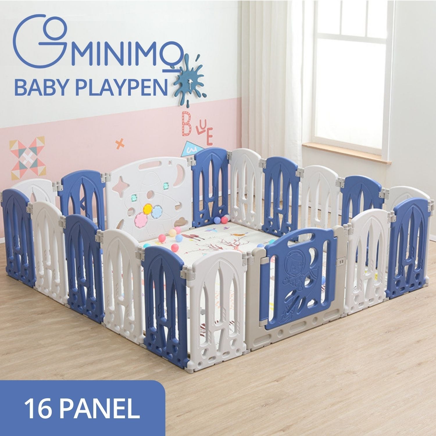 Foldable Baby Playpen Baby gate safety with 16 Panels (White Blue) - Little Kids Business
