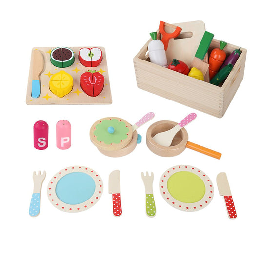 Kids Kitchen Play Set Wooden Pretend Toys Cooking Utensils Pots Pans Food - Little Kids Business