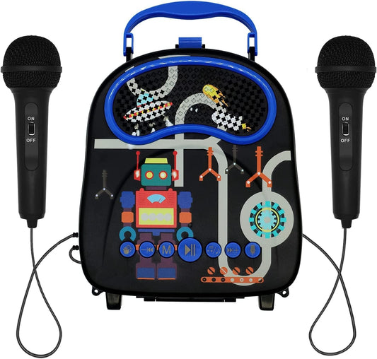Kids Singing Portable Karaoke with Two Microphones (Rectangle, Black Robot) - Little Kids Business