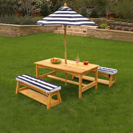 Outdoor Table & Bench Set with Cushions & Umbrella (Navy) - Little Kids Business