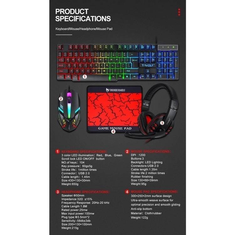 T-Wolf TF800 RGB 4-pcs Gaming Keyboard/Mouse/Headphone/Mouse Pad Kit Set - Little Kids Business