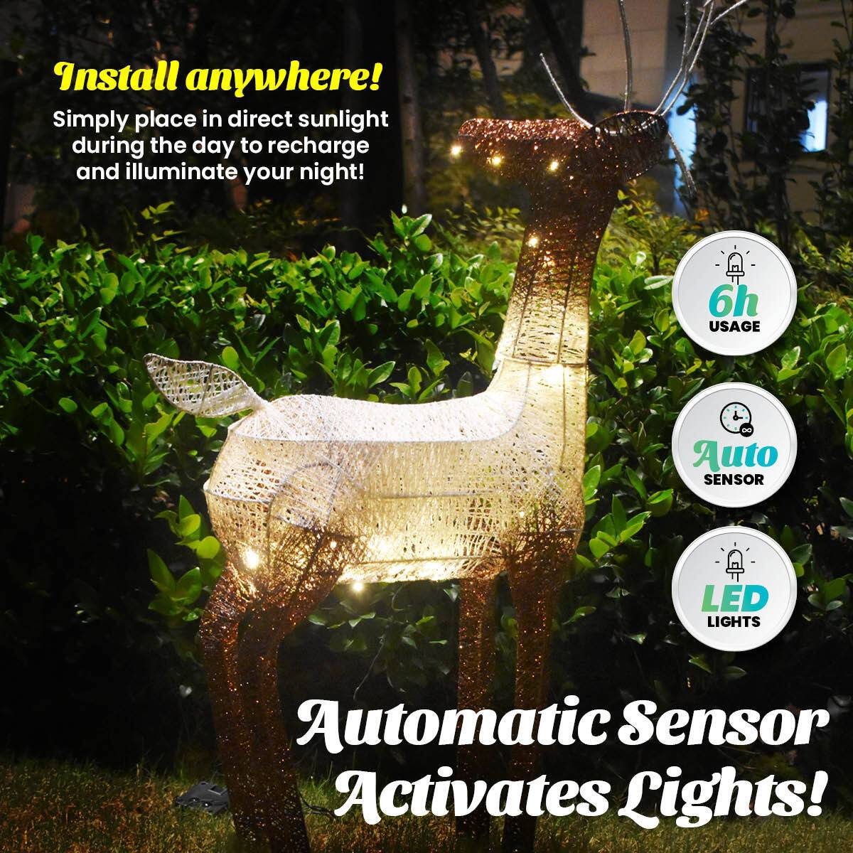 Christmas By Sas 1.2m Reindeer Glitter Wire Solar LED Warm White Auto Sensor - Little Kids Business