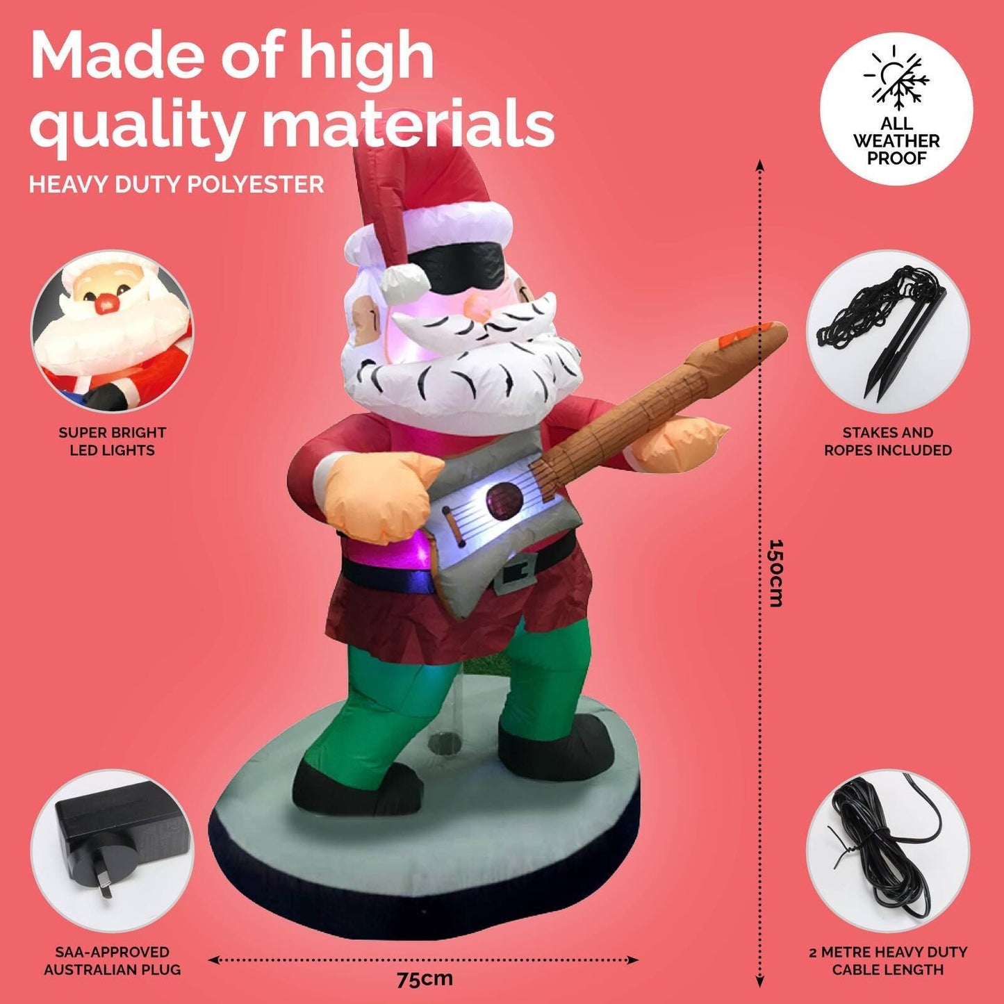 Christmas By Sas 1.5m Santa Rock Star Built-In Blower Bright LED Lighting - Little Kids Business