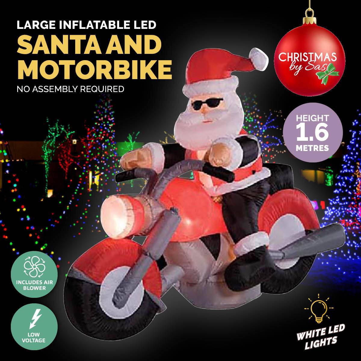 Christmas By Sas 1.6m Santa & Motorbike Built-In Blower Bright LED Lighting - Little Kids Business