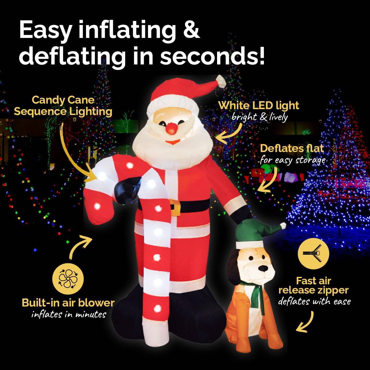 Christmas By Sas 1.7m Self Inflatable LED Santa Dog & Candy Cane - Little Kids Business