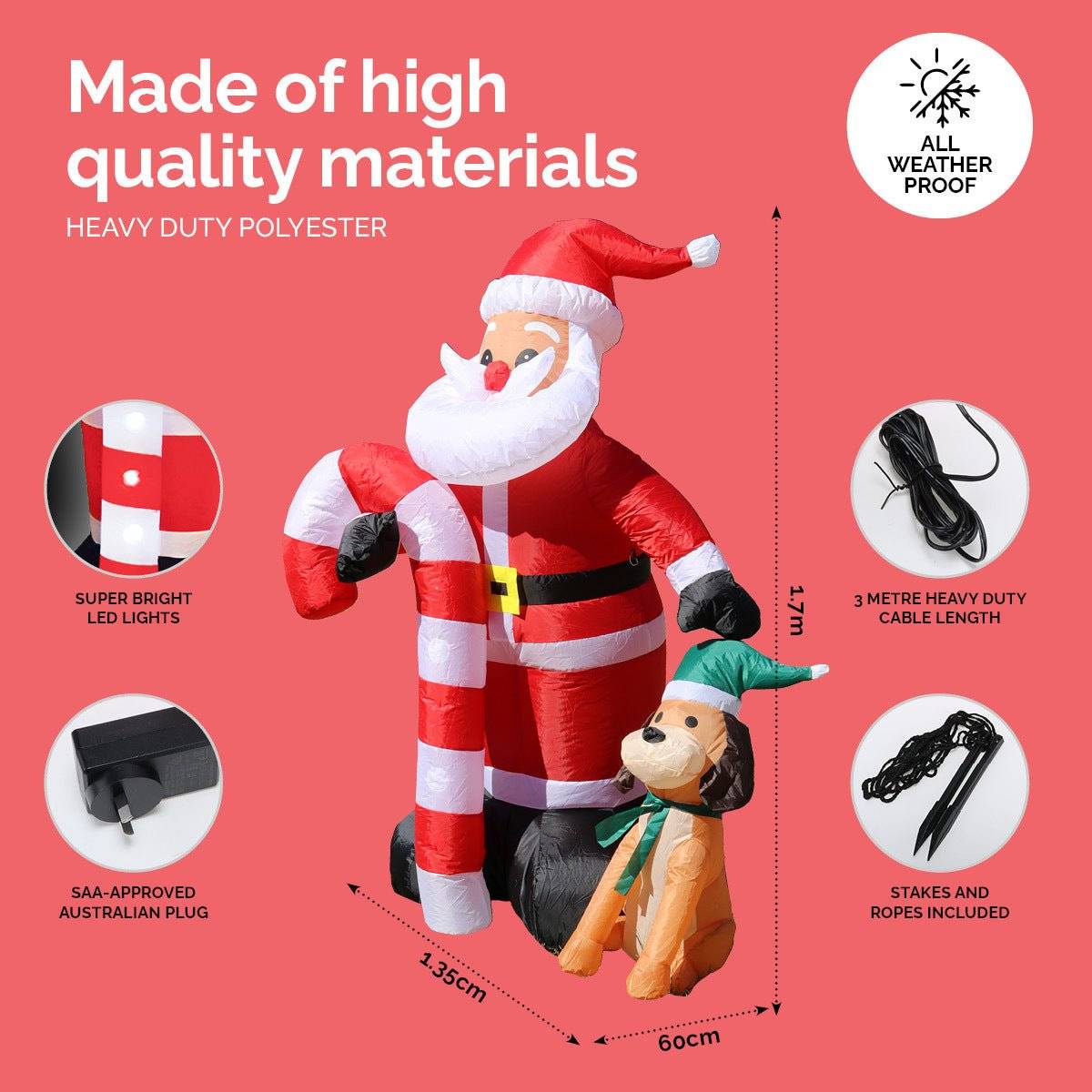 Christmas By Sas 1.7m Self Inflatable LED Santa Dog & Candy Cane - Little Kids Business