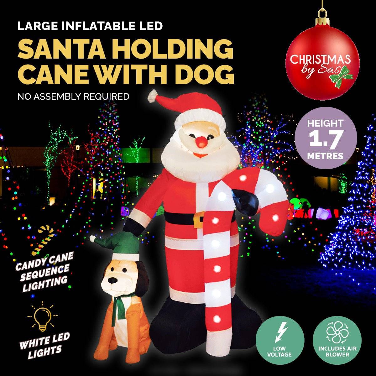 Christmas By Sas 1.7m Self Inflatable LED Santa Dog & Candy Cane - Little Kids Business