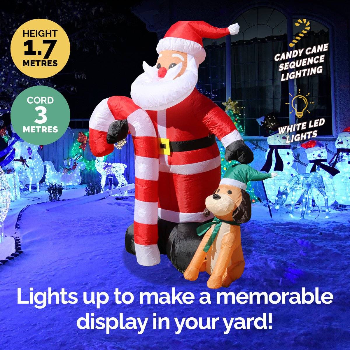 Christmas By Sas 1.7m Self Inflatable LED Santa Dog & Candy Cane - Little Kids Business