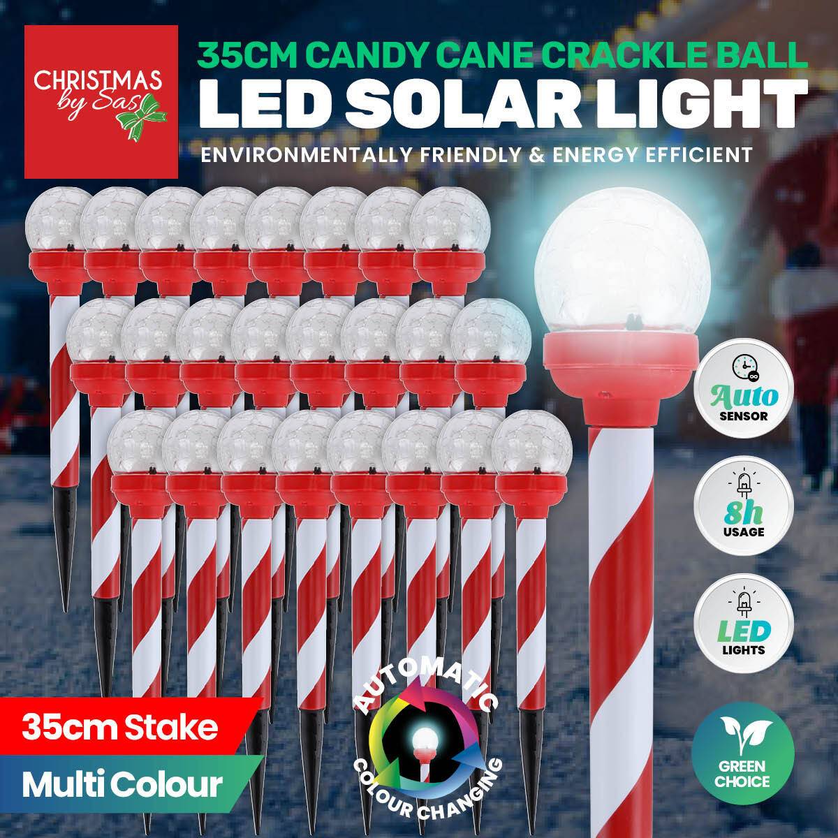 Christmas By Sas 24PCE Solar Candy Cane Stakes With Crackle Balls LED 35cm - Little Kids Business