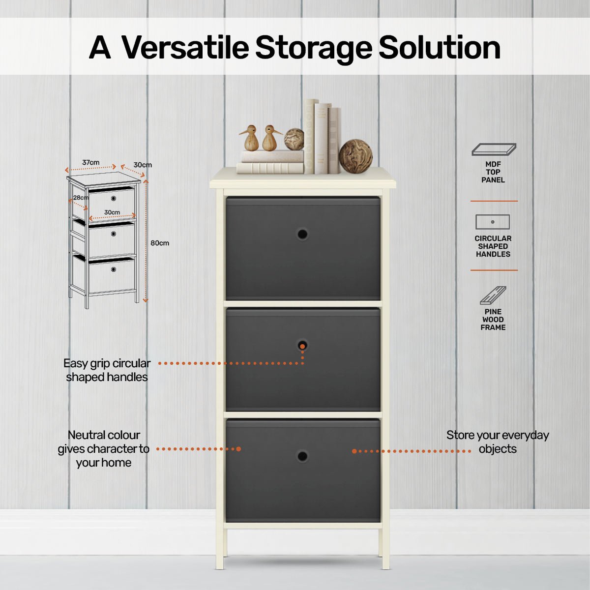 Home Master 3 Drawer Pine Wood Storage Chest Grey Fabric Baskets 37 x 80cm - Little Kids Business