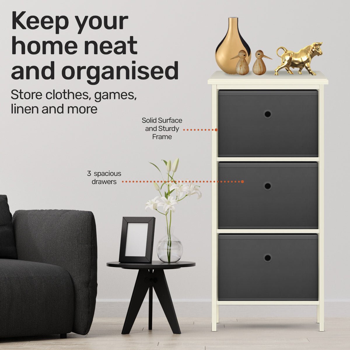 Home Master 3 Drawer Pine Wood Storage Chest Grey Fabric Baskets 37 x 80cm - Little Kids Business