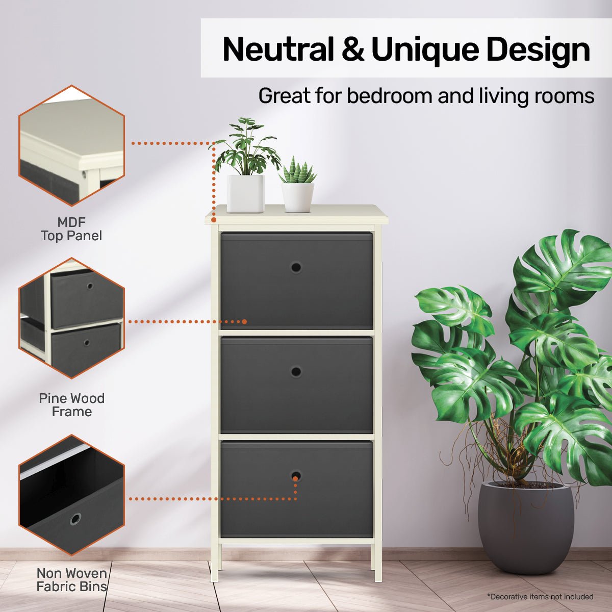 Home Master 3 Drawer Pine Wood Storage Chest Grey Fabric Baskets 37 x 80cm - Little Kids Business
