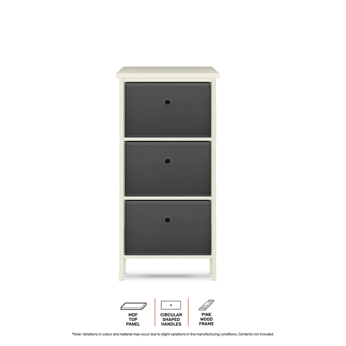 Home Master 3 Drawer Pine Wood Storage Chest Grey Fabric Baskets 37 x 80cm - Little Kids Business