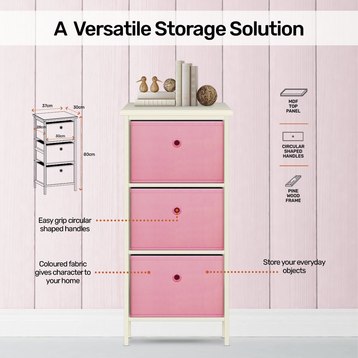 Home Master 3 Drawer Pine Wood Storage Chest Pink Fabric Baskets 70 x 80cm - Little Kids Business