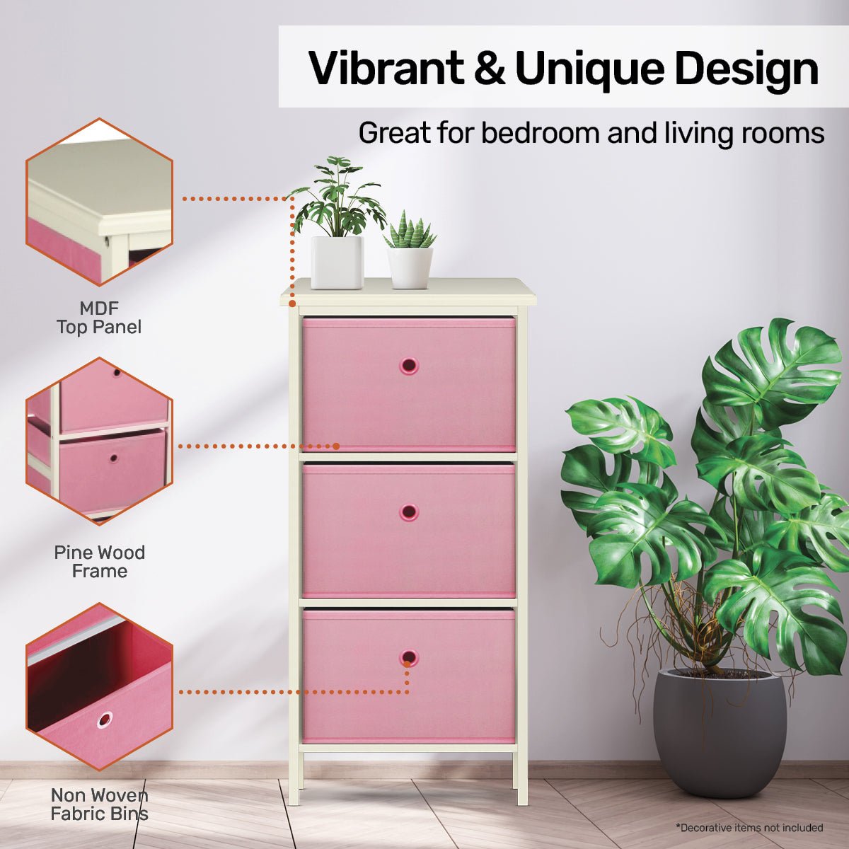 Home Master 3 Drawer Pine Wood Storage Chest Pink Fabric Baskets 70 x 80cm - Little Kids Business