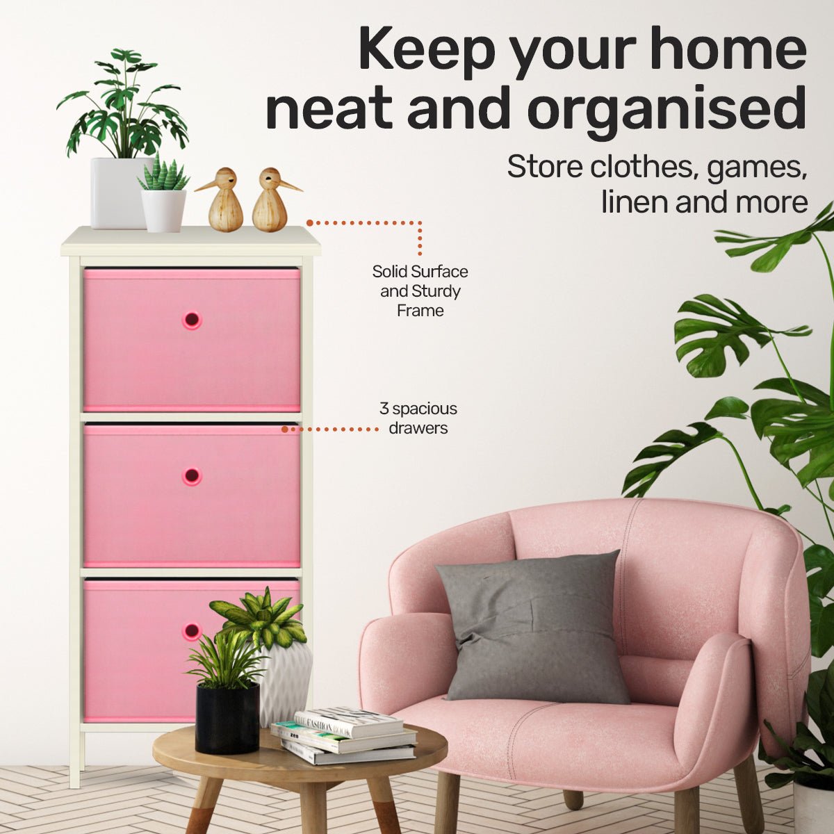 Home Master 3 Drawer Pine Wood Storage Chest Pink Fabric Baskets 70 x 80cm - Little Kids Business