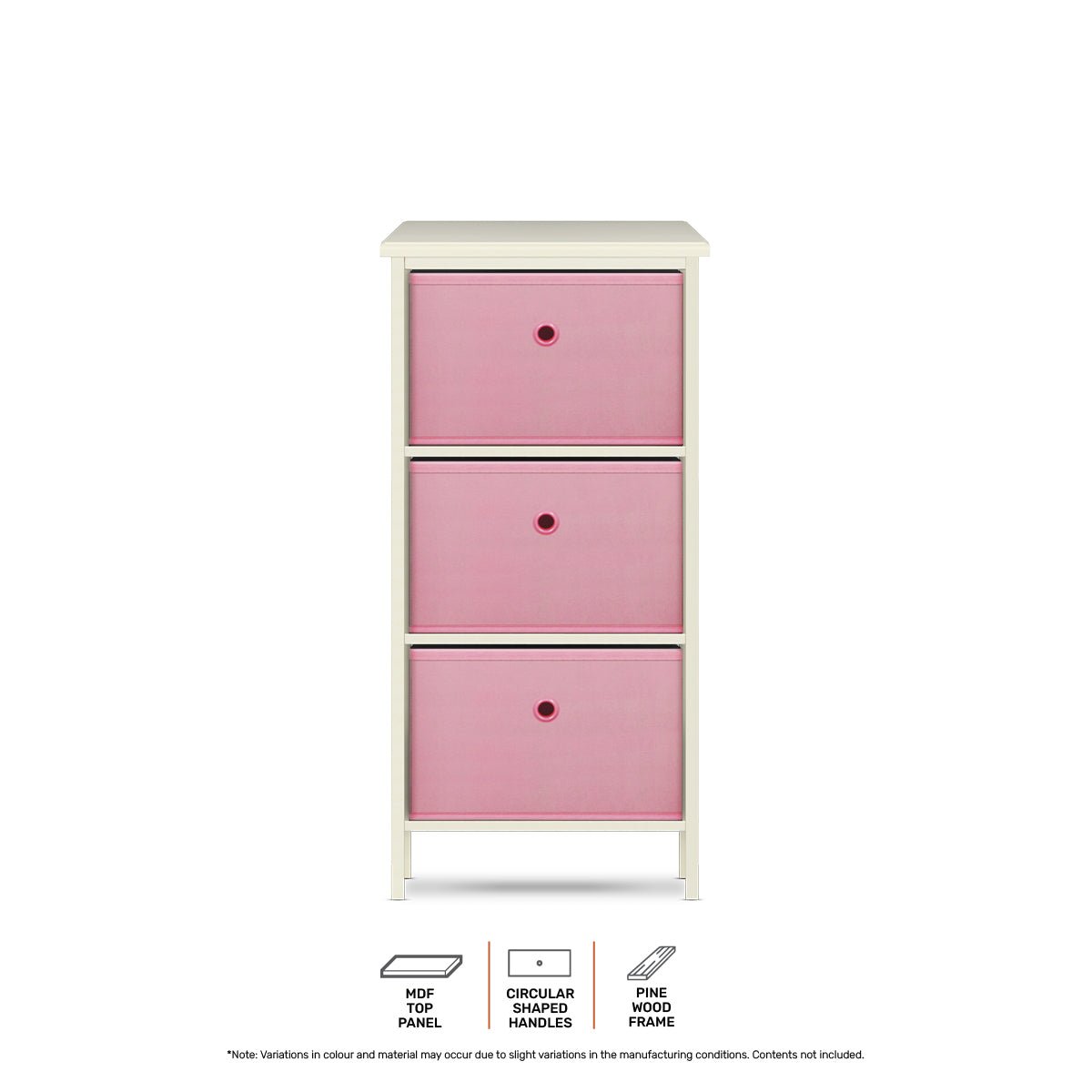 Home Master 3 Drawer Pine Wood Storage Chest Pink Fabric Baskets 70 x 80cm - Little Kids Business