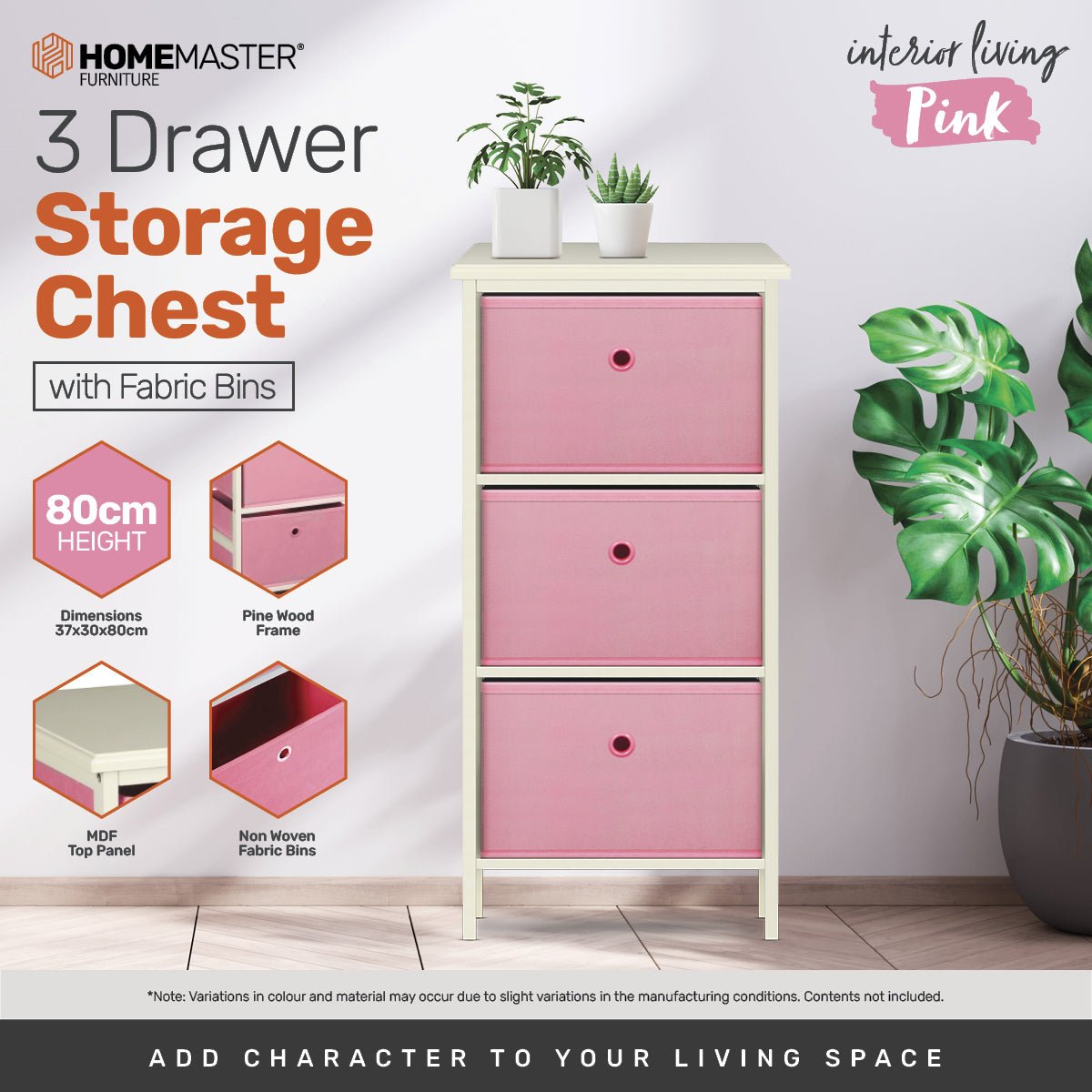 Home Master 3 Drawer Pine Wood Storage Chest Pink Fabric Baskets 70 x 80cm - Little Kids Business