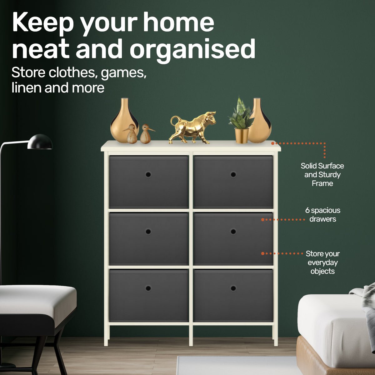Home Master 6 Drawer Pine Wood Storage Chest Grey Fabric Baskets 70 x 80cm - Little Kids Business