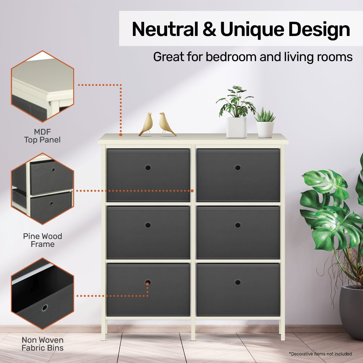 Home Master 6 Drawer Pine Wood Storage Chest Grey Fabric Baskets 70 x 80cm - Little Kids Business