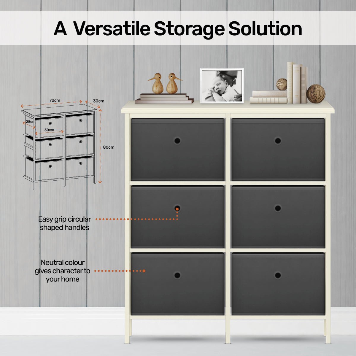 Home Master 6 Drawer Pine Wood Storage Chest Grey Fabric Baskets 70 x 80cm - Little Kids Business
