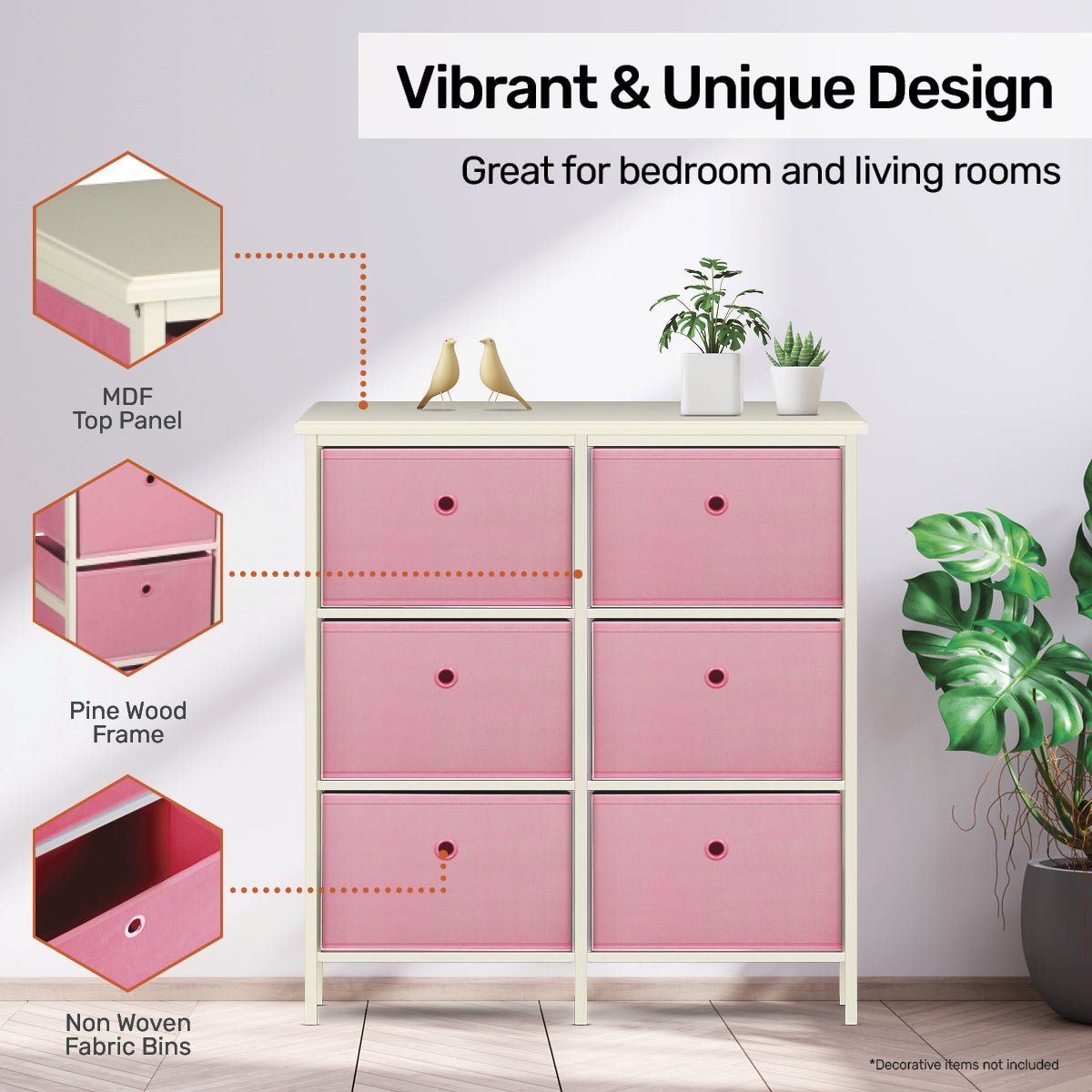 Home Master 6 Drawer Pine Wood Storage Chest Pink Fabric Baskets 70 x 80cm - Little Kids Business