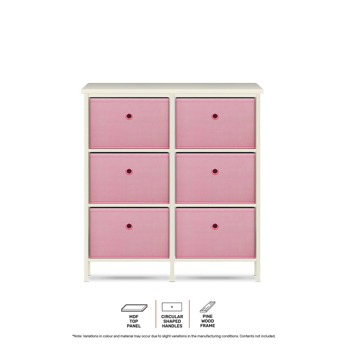 Home Master 6 Drawer Pine Wood Storage Chest Pink Fabric Baskets 70 x 80cm - Little Kids Business