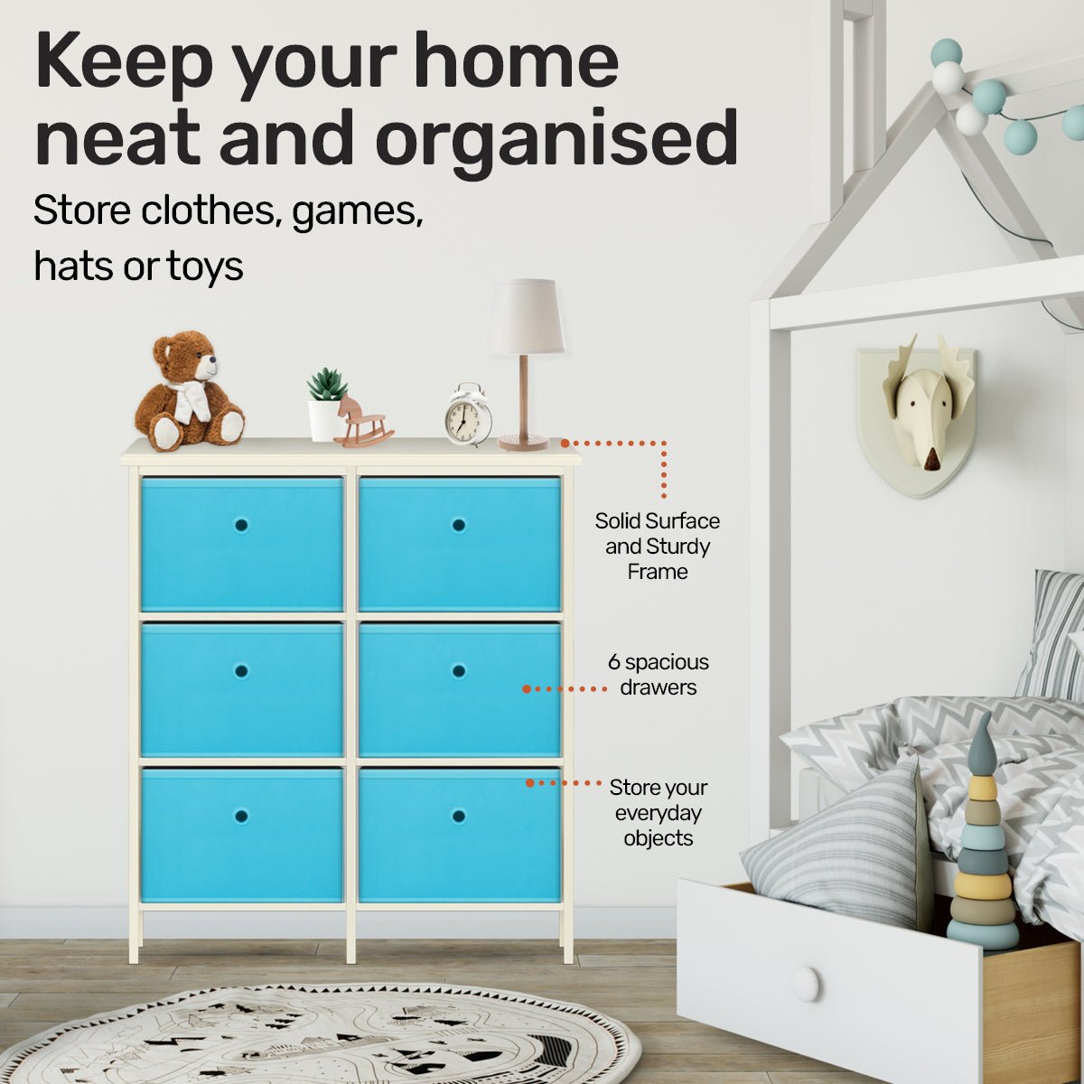Home Master 6 Drawer Pine Wood Storage Chest Sky Blue Fabric Baskets 70 x 80cm - Little Kids Business