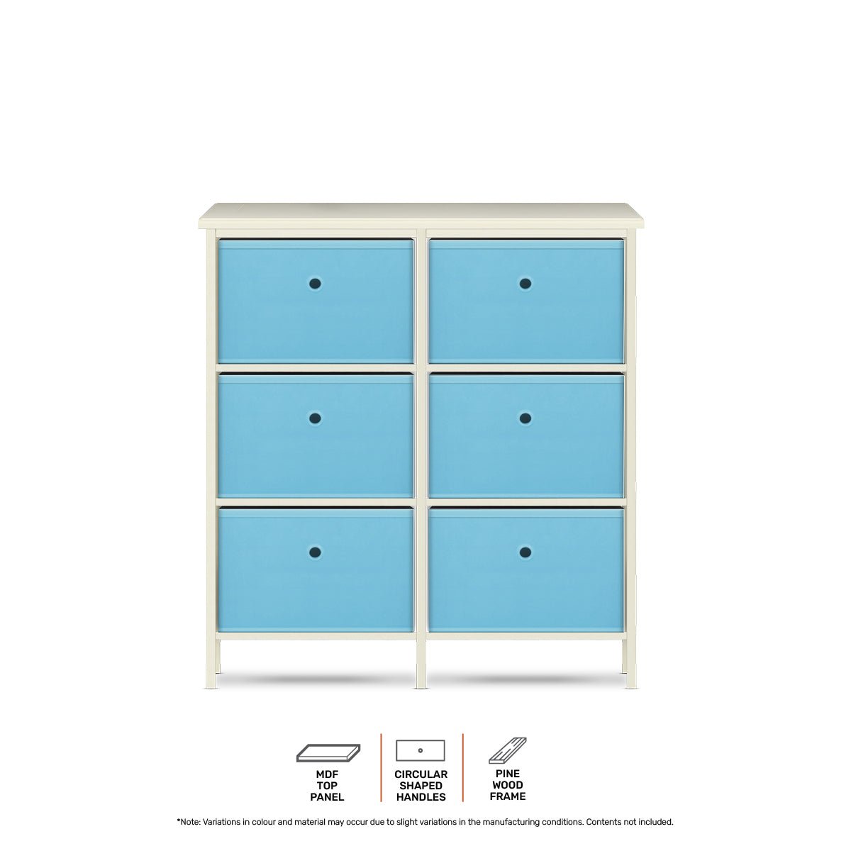 Home Master 6 Drawer Pine Wood Storage Chest Sky Blue Fabric Baskets 70 x 80cm - Little Kids Business