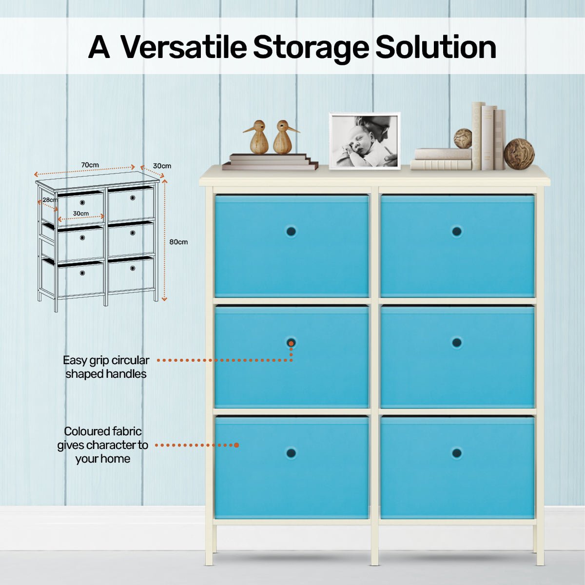 Home Master 6 Drawer Pine Wood Storage Chest Sky Blue Fabric Baskets 70 x 80cm - Little Kids Business
