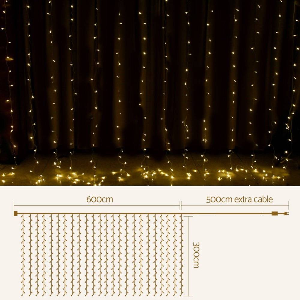 Jingle Jollys 6X3M Christmas Curtain Lights 600LED Warm White - Little Kids Business