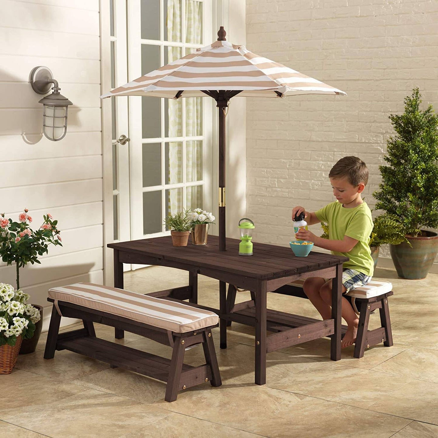Outdoor Table & Bench Set with Cushions & Umbrella (Brown) - Little Kids Business