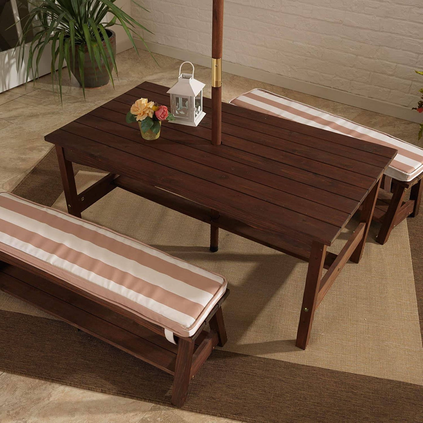 Outdoor Table & Bench Set with Cushions & Umbrella (Brown) - Little Kids Business