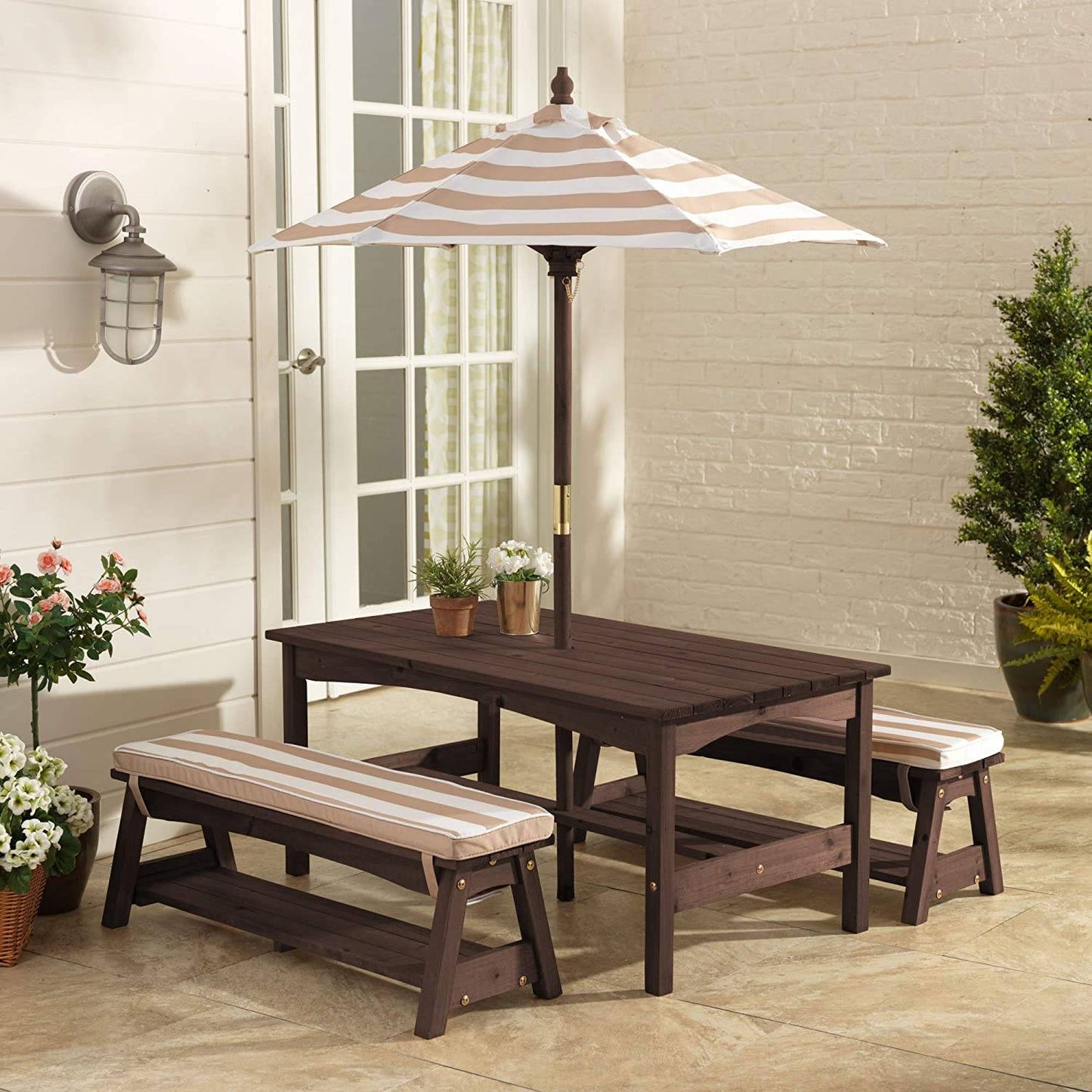 Outdoor Table & Bench Set with Cushions & Umbrella (Brown) - Little Kids Business