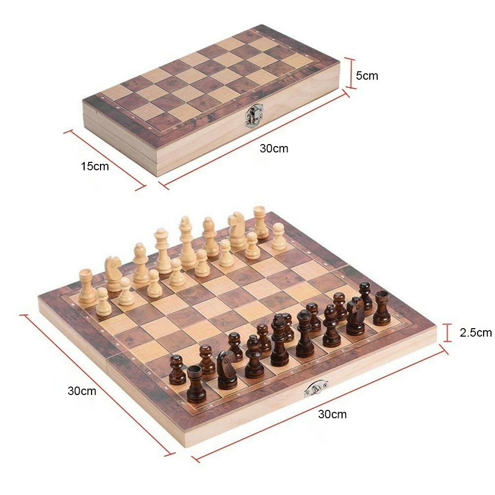 3 IN 1 Wooden Chess Set Folding Chessboard Wood Pieces Draughts Backgammon Toy - Little Kids Business