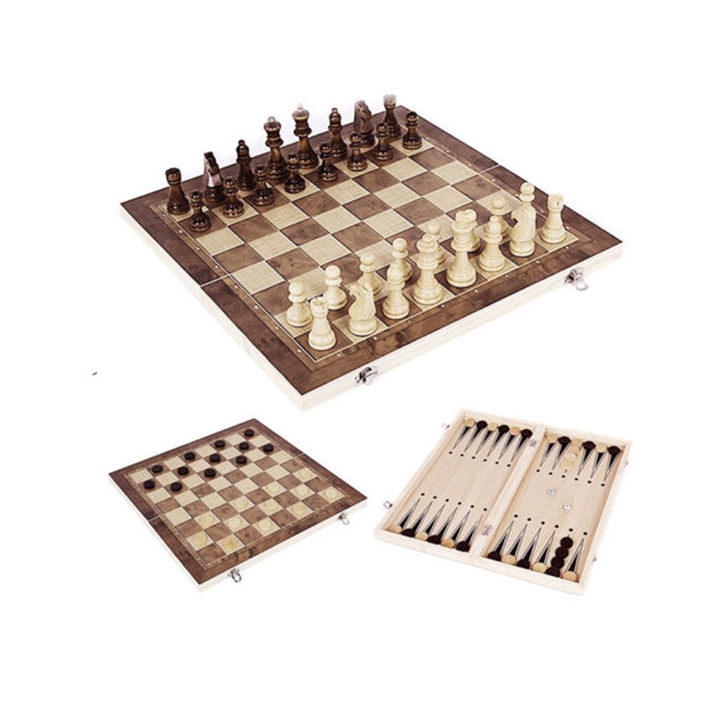 3 IN 1 Wooden Chess Set Folding Chessboard Wood Pieces Draughts Backgammon Toy - Little Kids Business