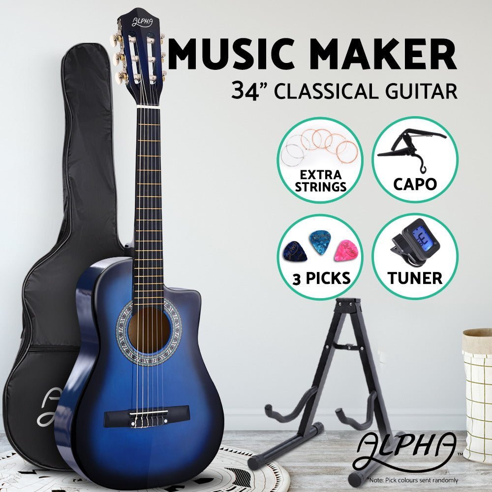 Alpha 34" Inch Guitar Classical Acoustic Cutaway Wooden Ideal Kids Gift Children 1/2 Size Blue with Capo Tuner - Little Kids Business
