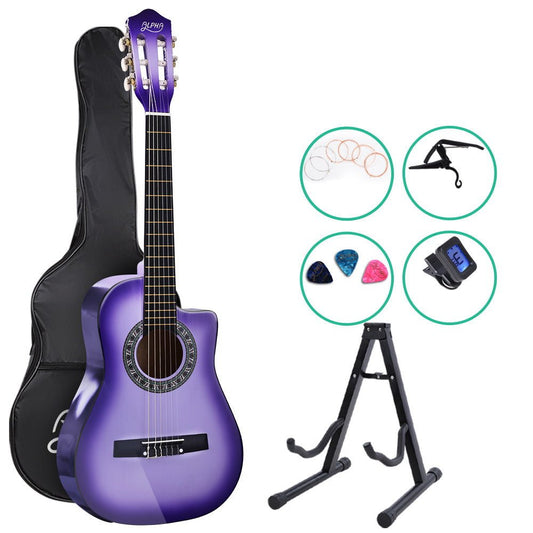 Alpha 34" Inch Guitar Classical Acoustic Cutaway Wooden Ideal Kids Gift Children 1/2 Size Purple with Capo Tuner - Little Kids Business