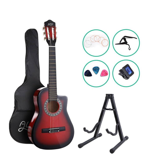 Alpha 34" Inch Guitar Classical Acoustic Cutaway Wooden Ideal Kids Gift Children 1/2 Size Red with Capo Tuner - Little Kids Business
