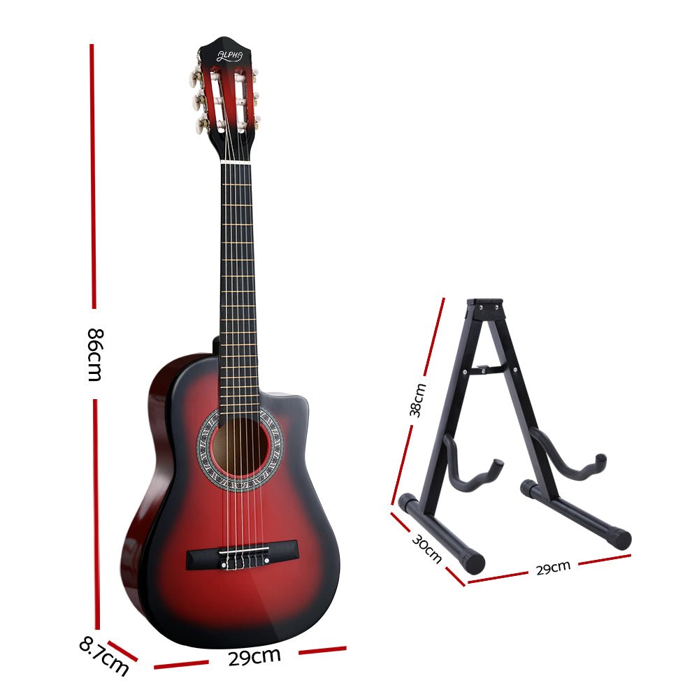 Alpha 34" Inch Guitar Classical Acoustic Cutaway Wooden Ideal Kids Gift Children 1/2 Size Red with Capo Tuner - Little Kids Business