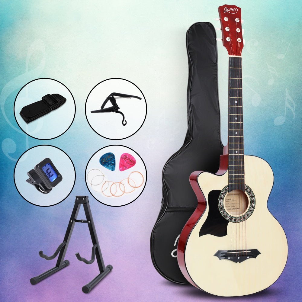 ALPHA 38 Inch Wooden Acoustic Guitar Left handed with Accessories set Natural Wood - Little Kids Business