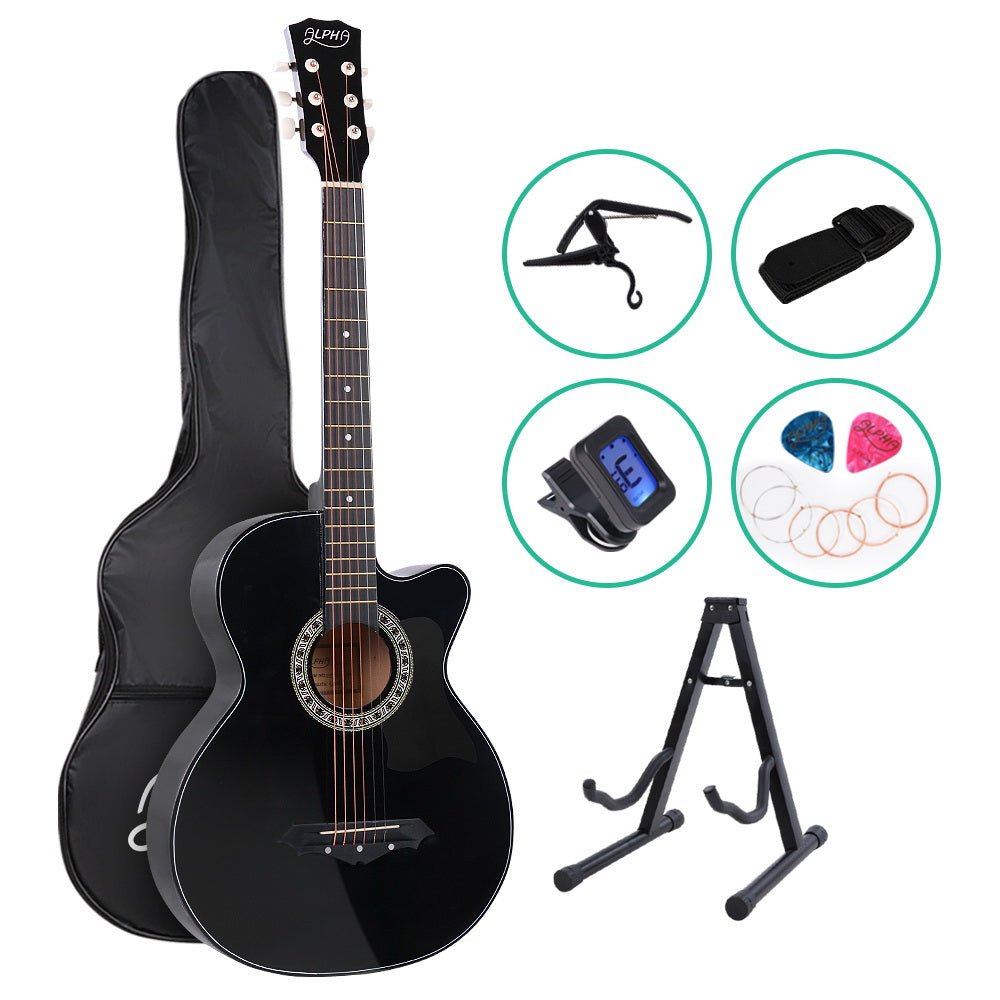 ALPHA 38 Inch Wooden Acoustic Guitar with Accessories set Black - Little Kids Business