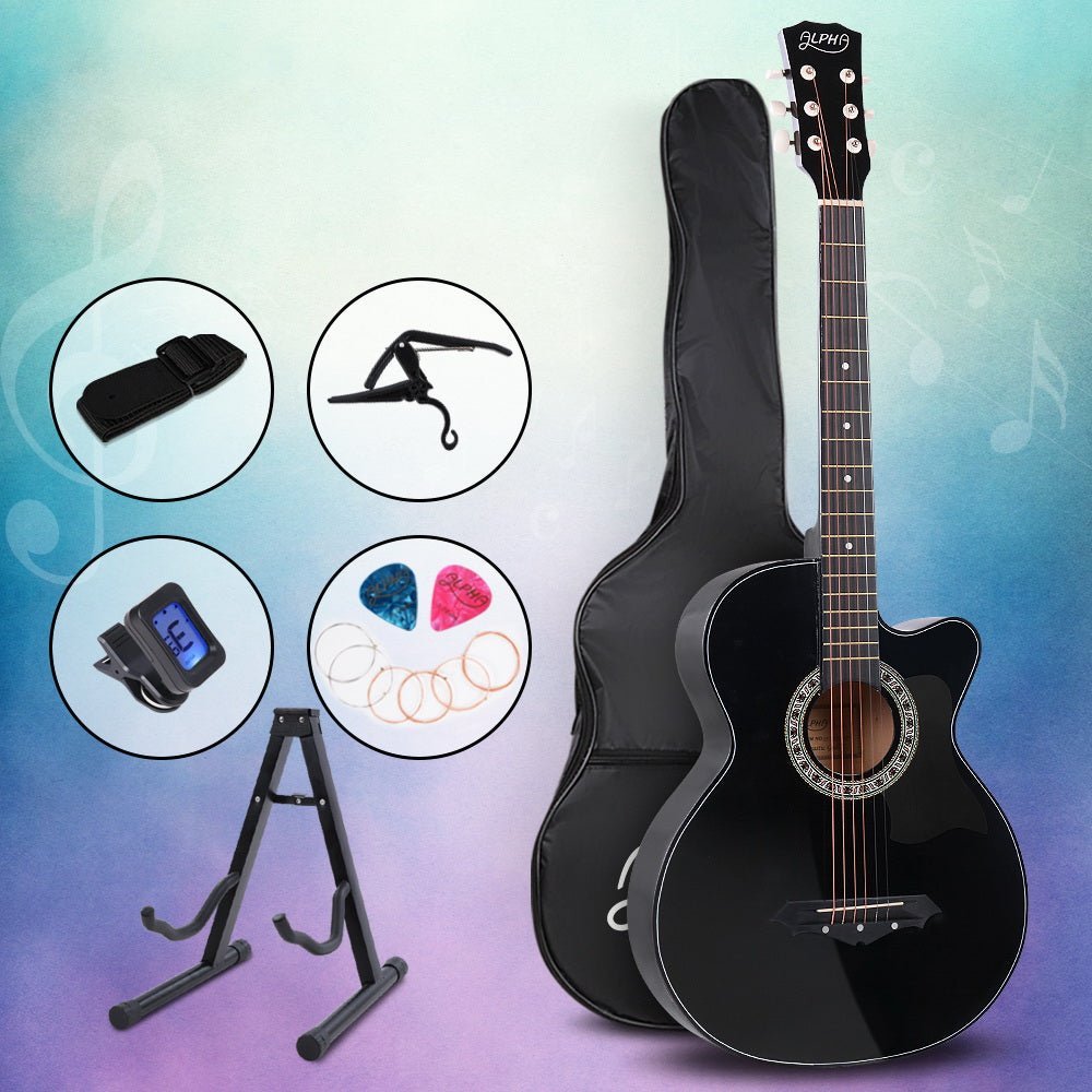 ALPHA 38 Inch Wooden Acoustic Guitar with Accessories set Black - Little Kids Business