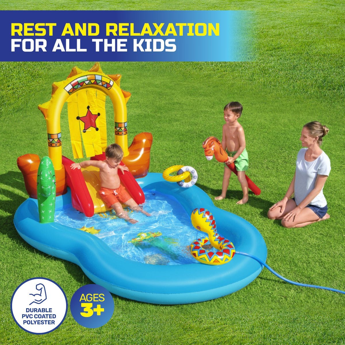 Bestway 2.6 x 1.8m Inflatable Wild West Water Fun Park Pool With Slide 278L - Little Kids Business